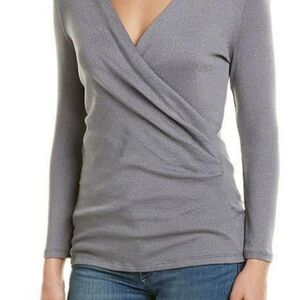 Michael Stars Shine Surplice Faux Wrap Top In Gray & Cinder-Red V-Neck Included